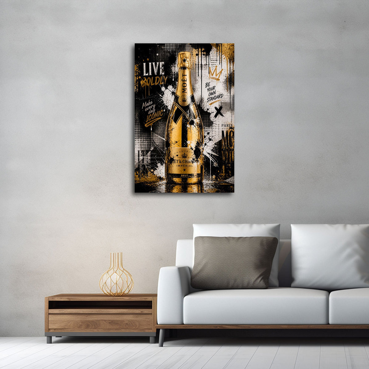 Champagnerflasche mit Live boldly Motivation Wandbild