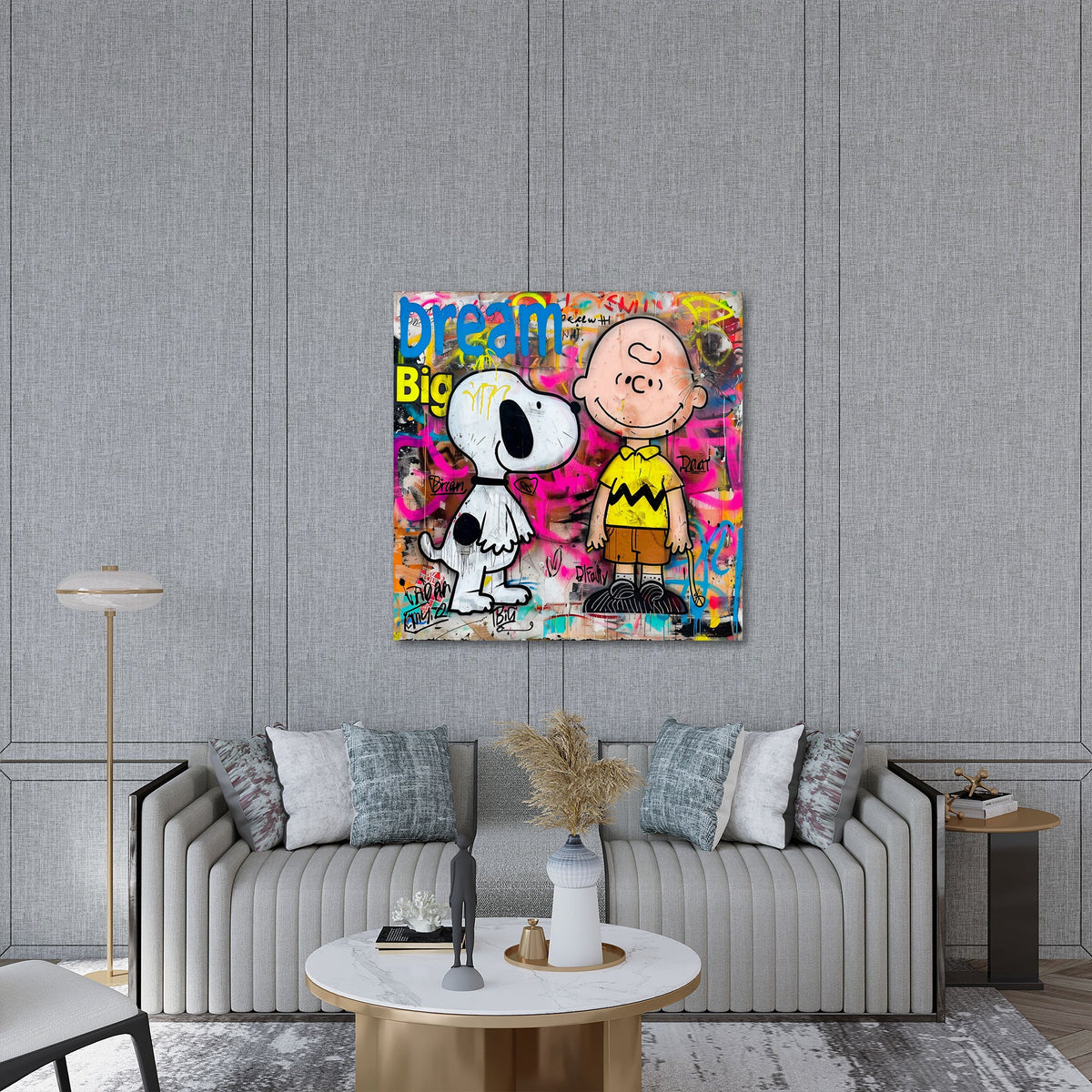 Charlie und Comic Beagle vor bunter Graffiti Wand Wandbild