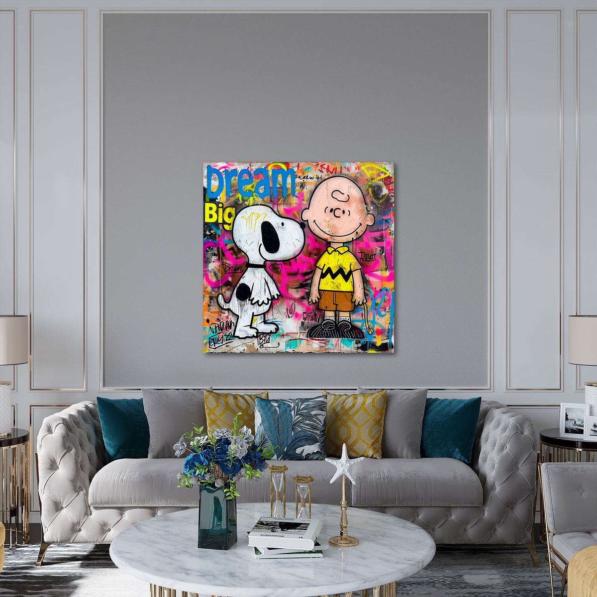 Charlie und Comic Beagle vor bunter Graffiti Wand Wandbild