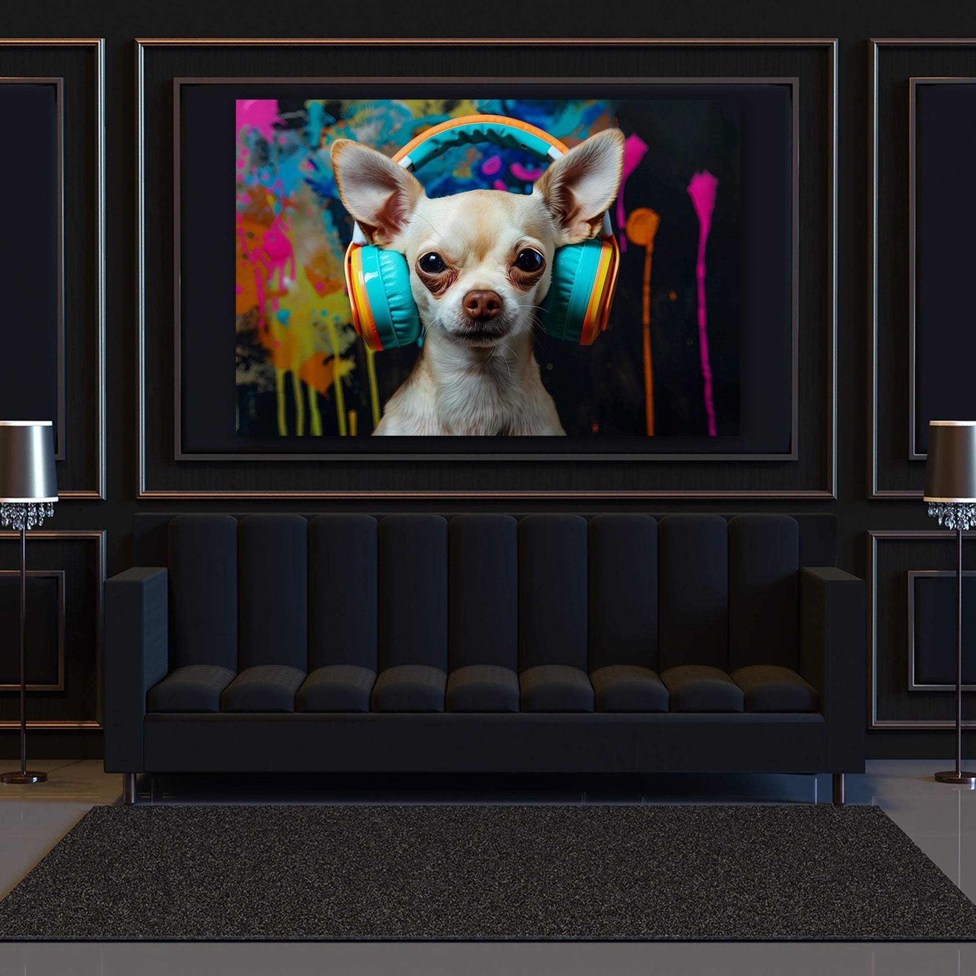 Chihuahua mit Kopfhörern bunt in Ölmalerei Wandbild