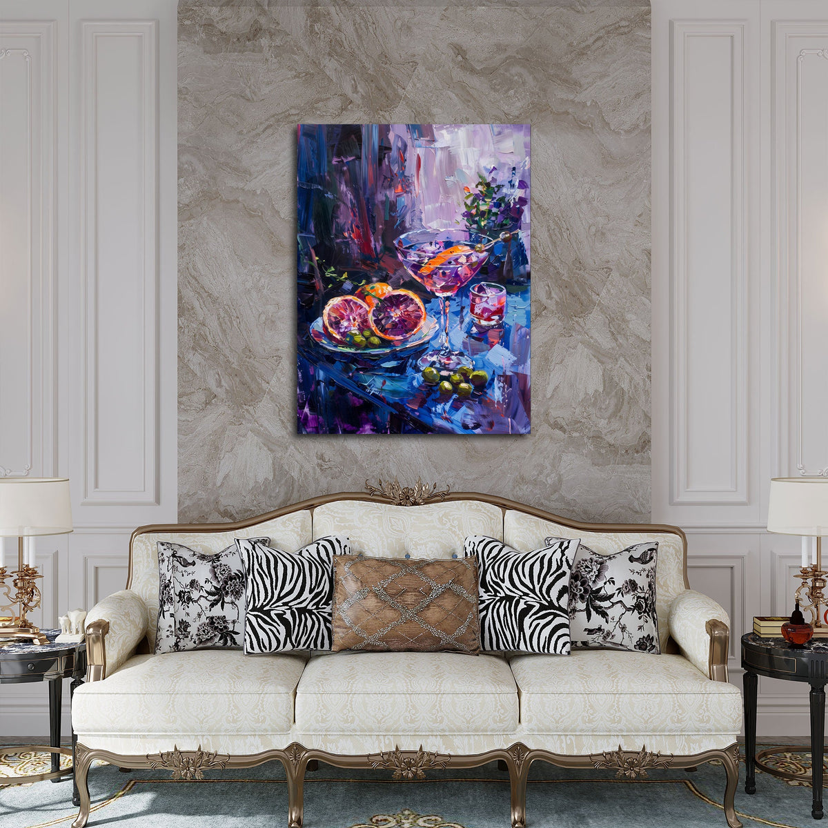 Cocktail Stillleben Wandbild über einem Sofa im Wohnraum