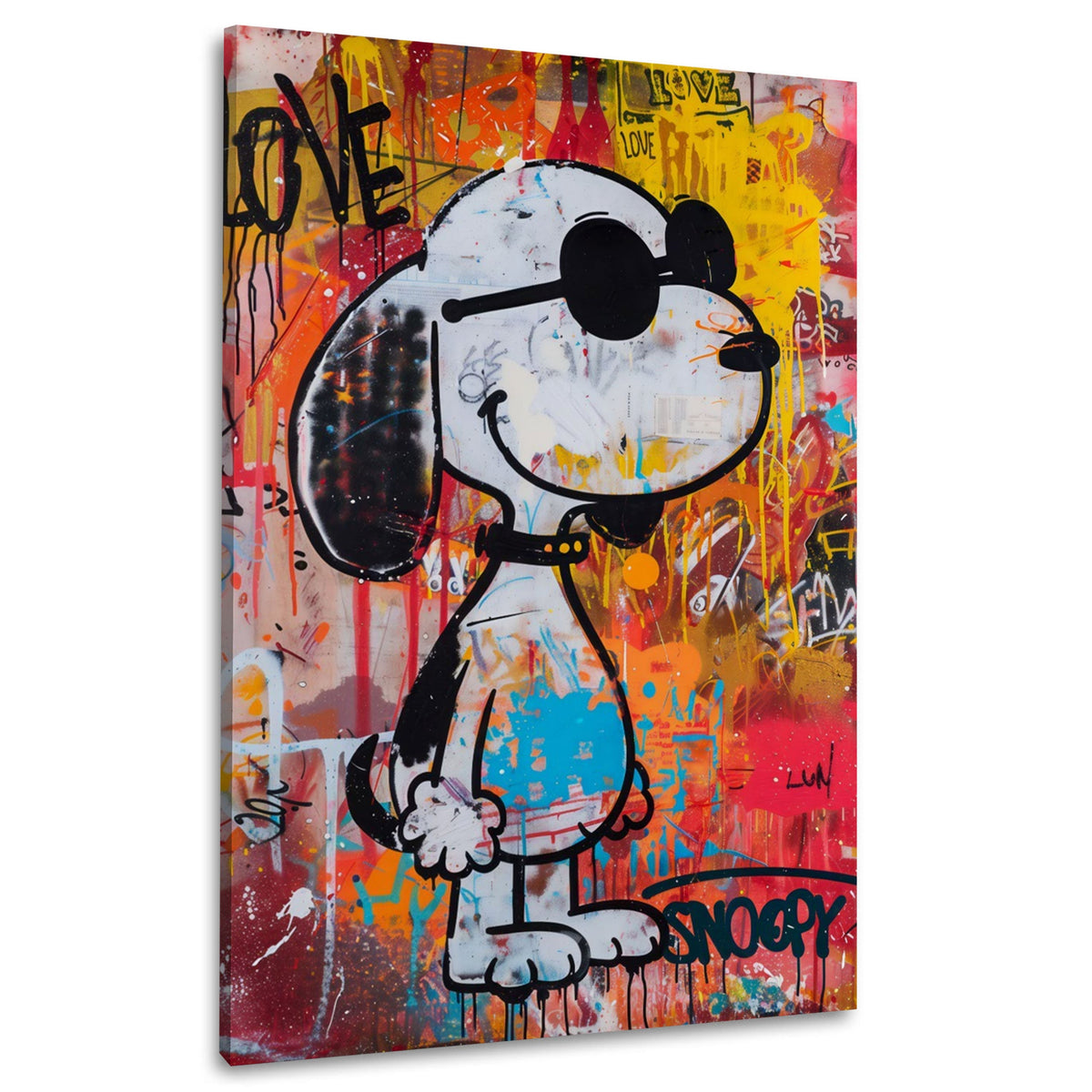 Comic Beagle mit Sonnenbrille und Farbspritzern Wandbild