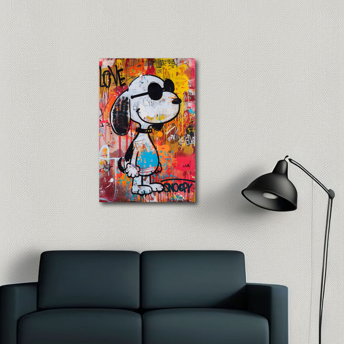 Comic Beagle mit Sonnenbrille und Farbspritzern Wandbild