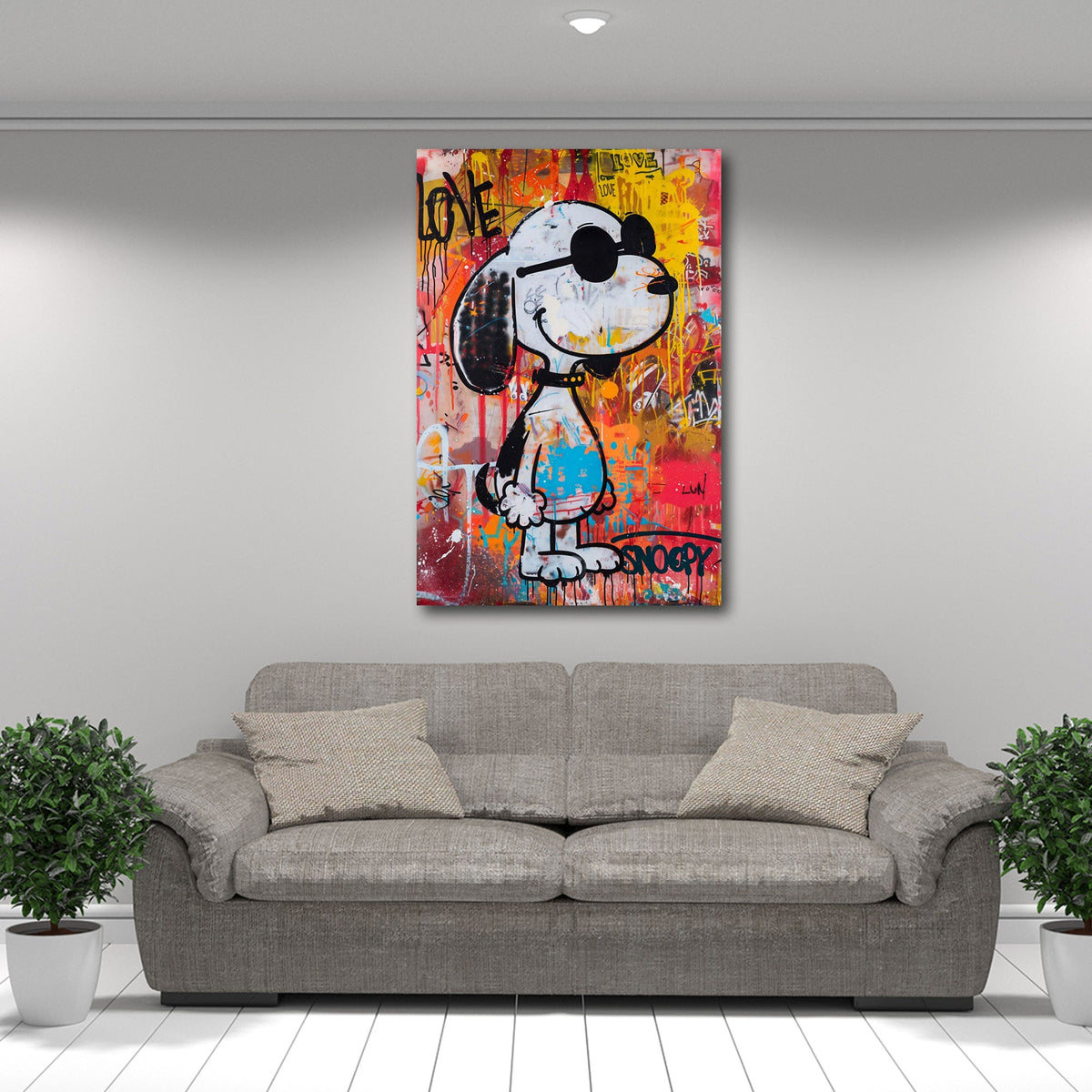 Comic Beagle mit Sonnenbrille und Farbspritzern Wandbild