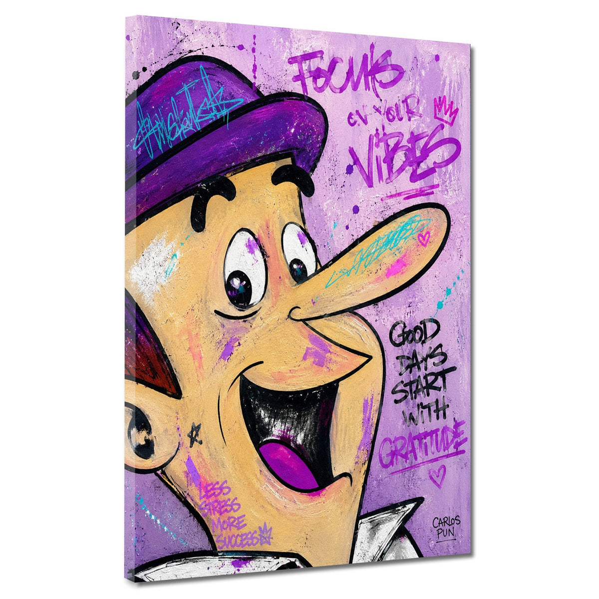 Lachende Comic Figur mit Hut im lila Pop Art Graffiti Stil Wandbild