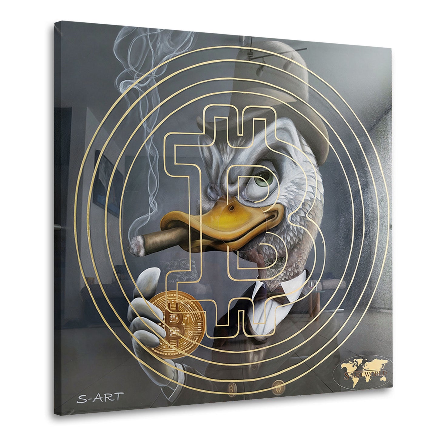 Comic Ente mit Zigarre und Bitcoin Reichtum BANKSY-ART Wandbild