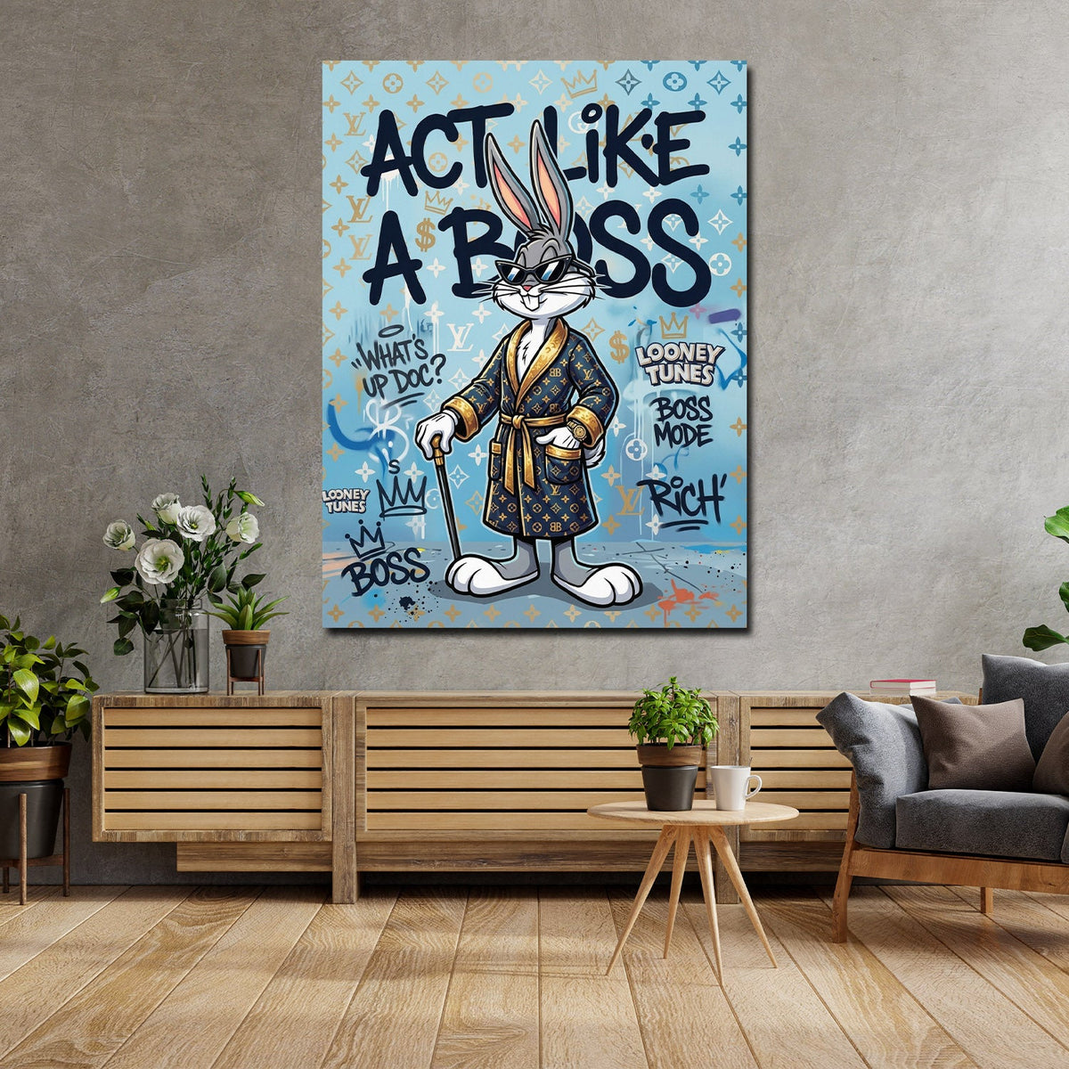 Comic Hase Act Like a Boss Wandbild im Wohnzimmer
