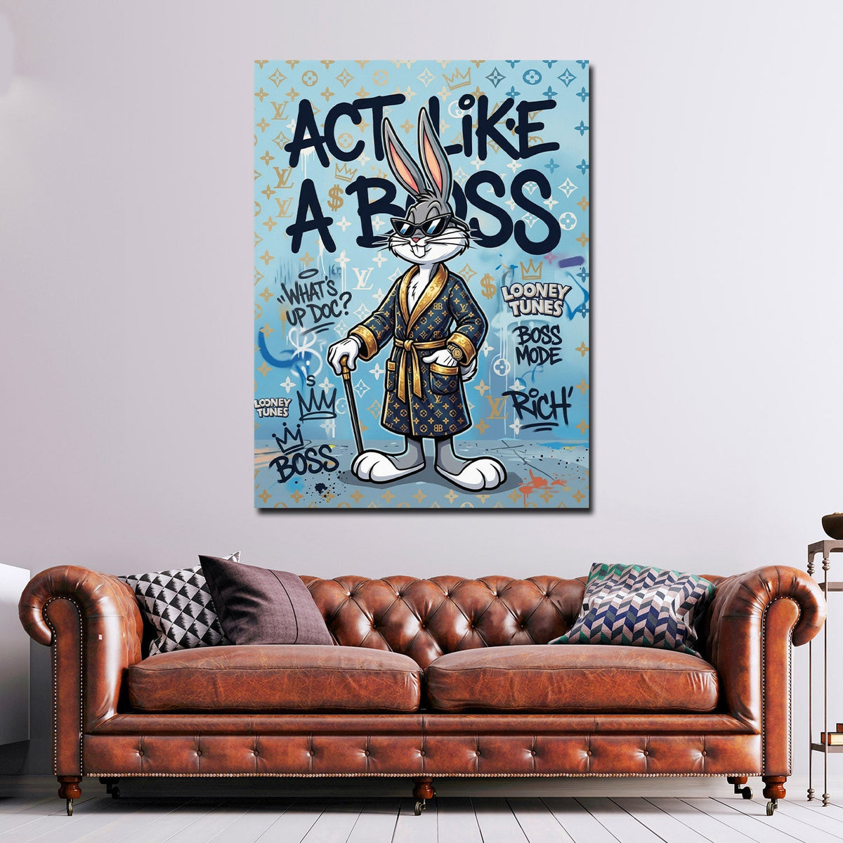 Comic Hase Act Like a Boss Wandbild an der Wand im Raum