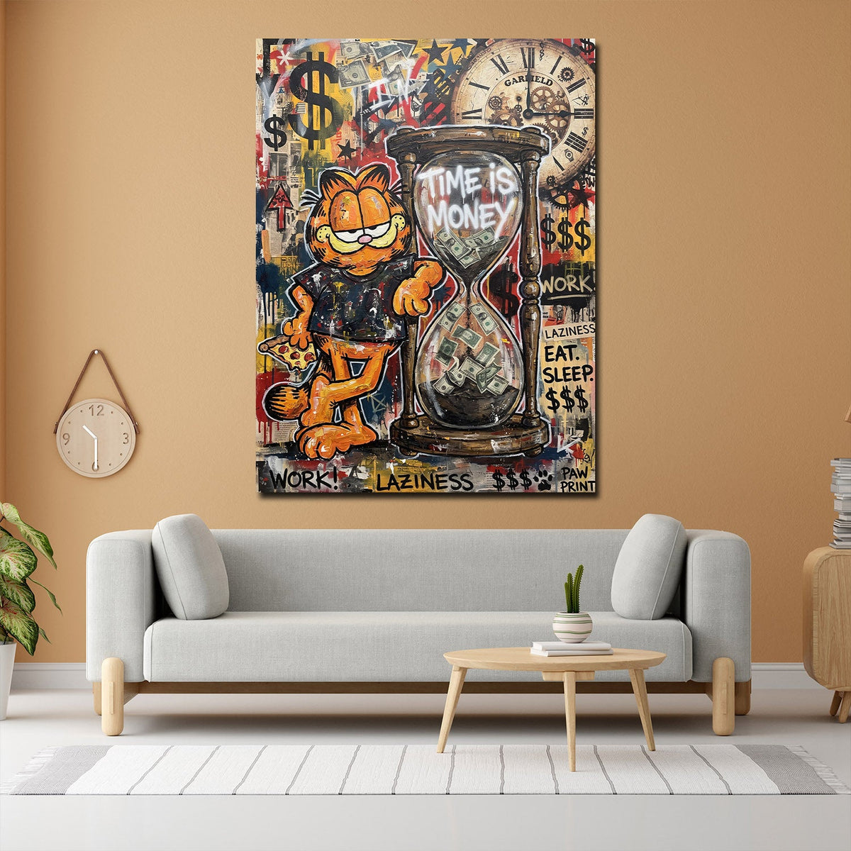 Comic Kater Time is Money Wandbild an der Wand im Raum