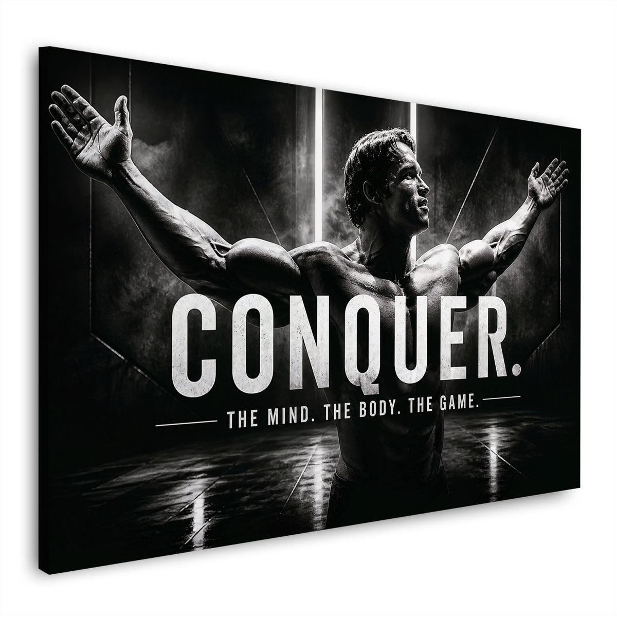 Conquer Fitness Motivation Wandbild in Schwarz-Weiß mit Bodybuilder