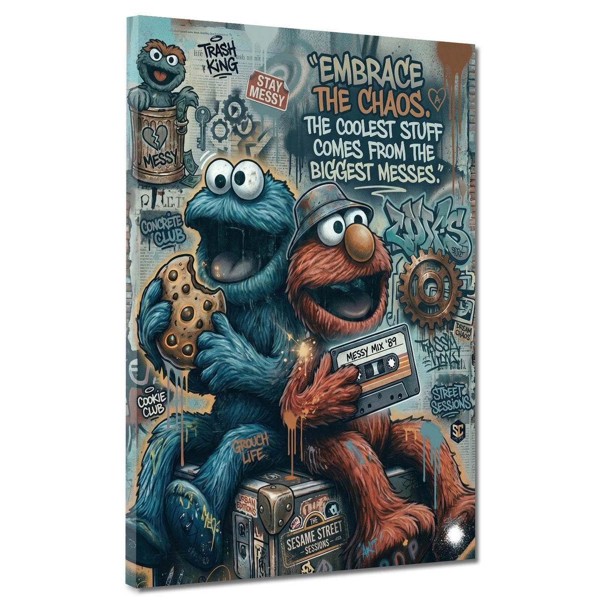 Cookie und Elmo Graffiti Wandbild mit Embrace the Chaos Schriftzug