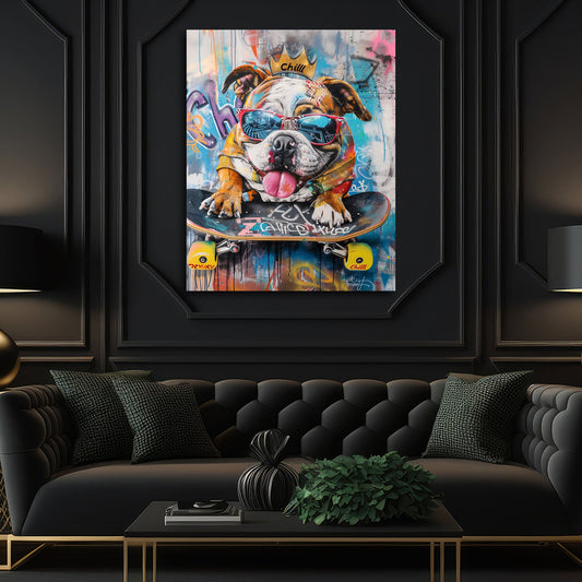 Coole Bulldogge mit Krone auf dem Skateboard Wandbild