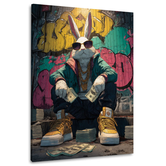 Cooler Hase im Streetwear Look mit Graffiti Wandbild im Hochformat