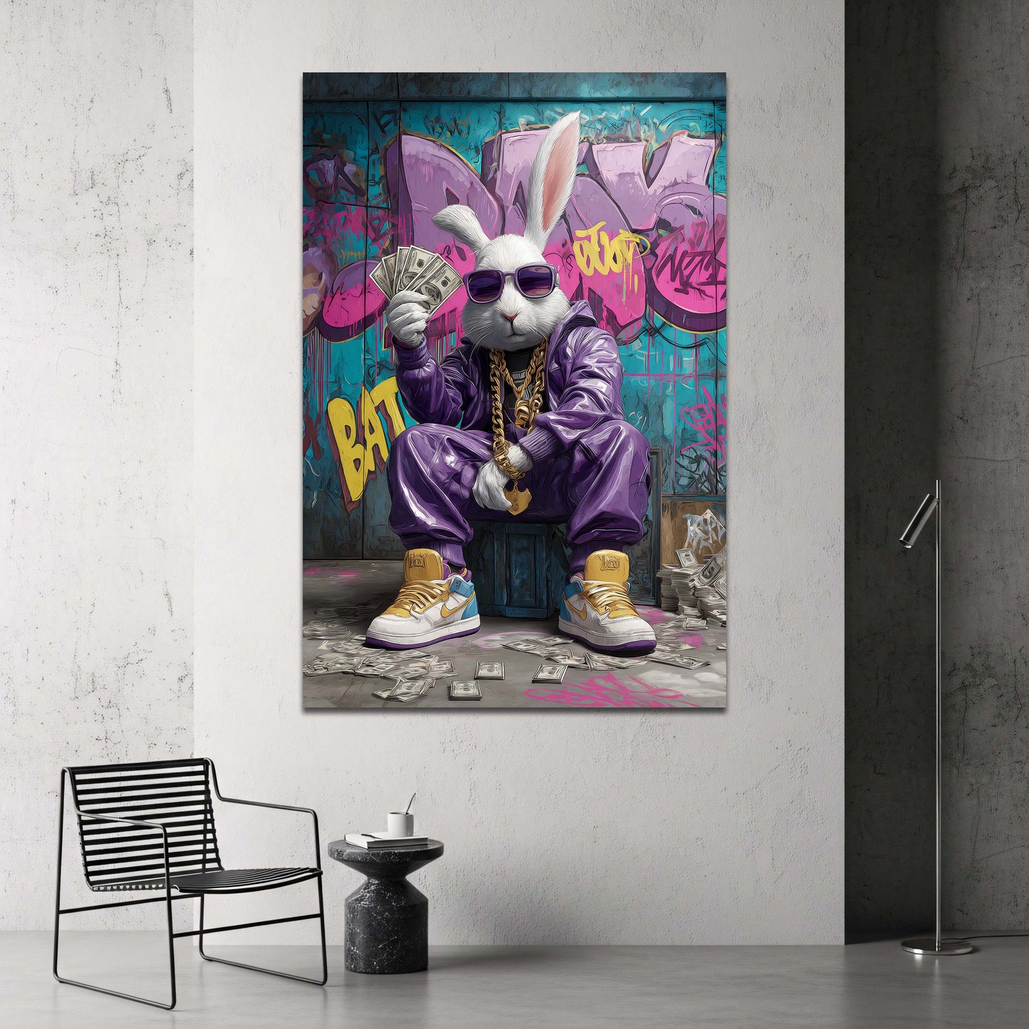 Cooler Hase mit Sonnenbrille hält Geldscheine Wandbild