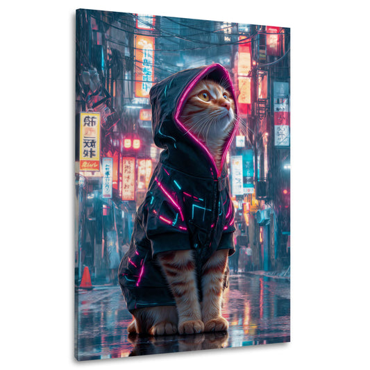 Cyberpunk Katze Neon Hoodie futuristische Stadt Wandbild