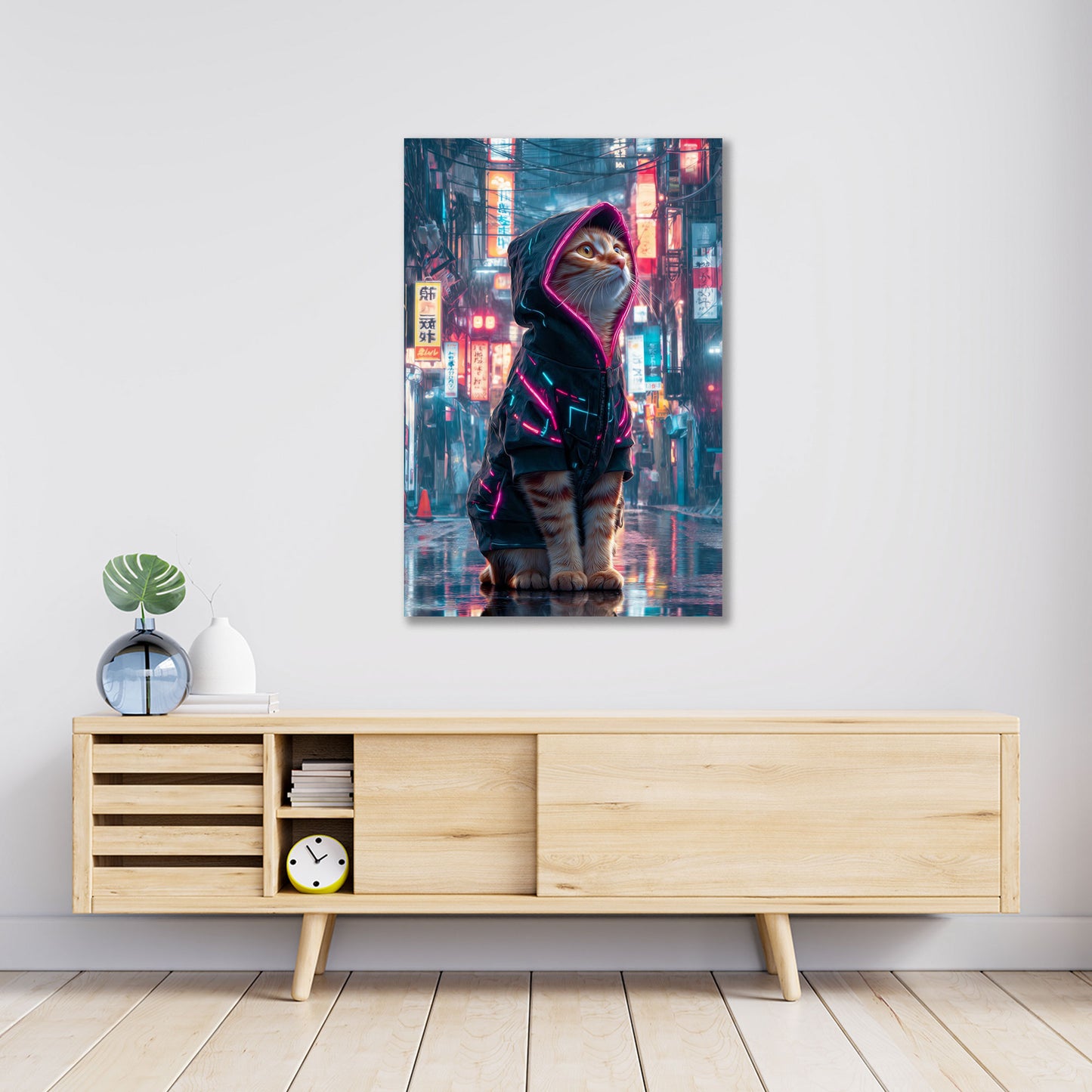 Cyberpunk Katze Neon Hoodie futuristische Stadt Wandbild
