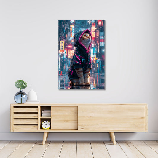 Cyberpunk Katze Neon Hoodie futuristische Stadt Wandbild