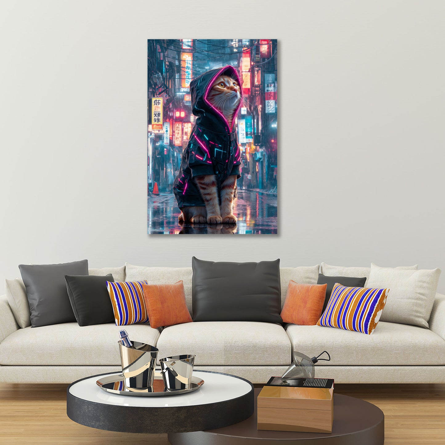 Cyberpunk Katze Neon Hoodie futuristische Stadt Wandbild
