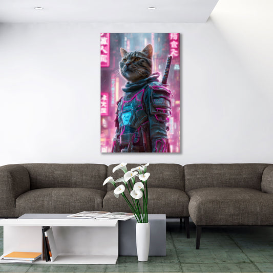 Cyberpunk Katze Samurai Neon futuristische Pop Art Wandbild