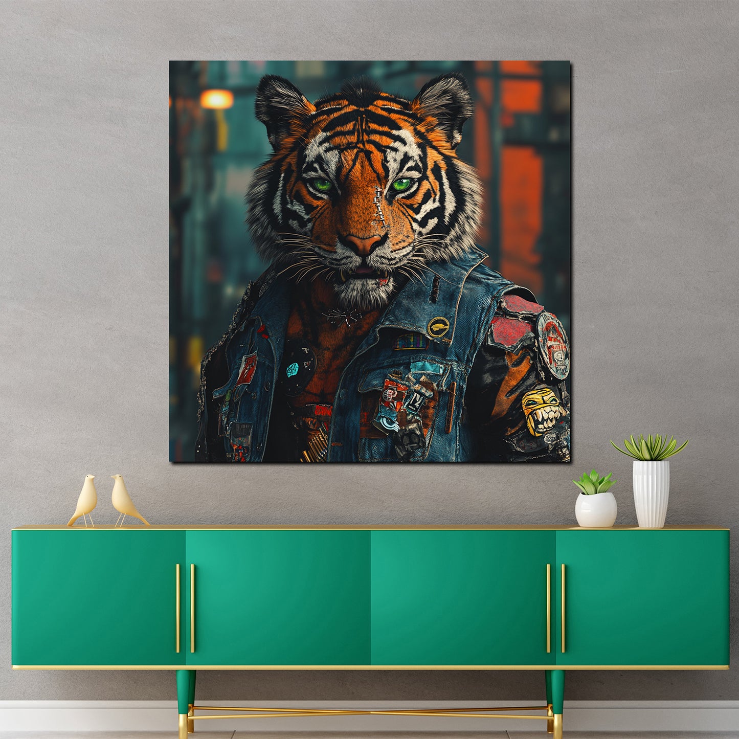 Cyberpunk Tiger Porträt Lederjacke Neonblick Wandbild
