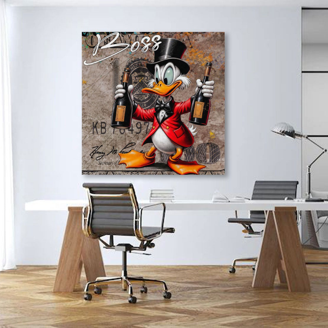 Dagobert Boss Pop Art mit Champagner Cartoon Wandbild