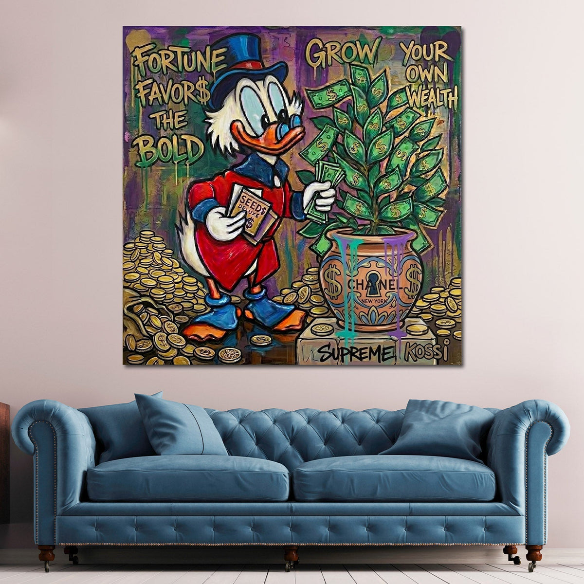 Dagobert Pop Art Wandbild quadratisch an einer Wohnraumwand