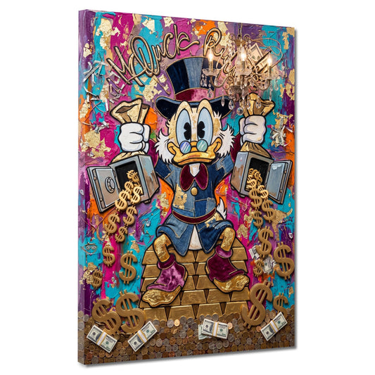 Dagobert auf Goldbarren im bunten Pop Art Stil Wandbild