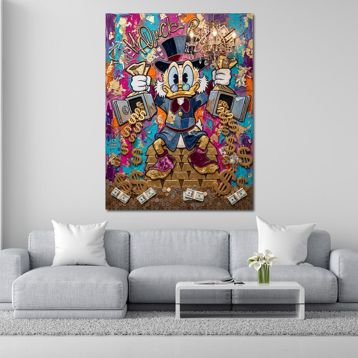 Dagobert Pop Art Wandbild im Hochformat an einer Wohnraumwand