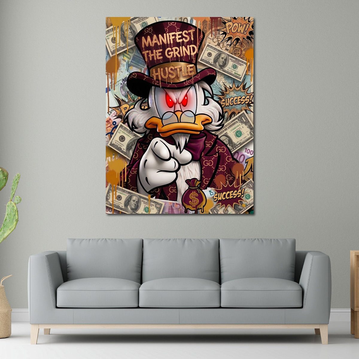 Comic Pop Art Wandbild mit Dagobert über einem Sofa im Wohnraum
