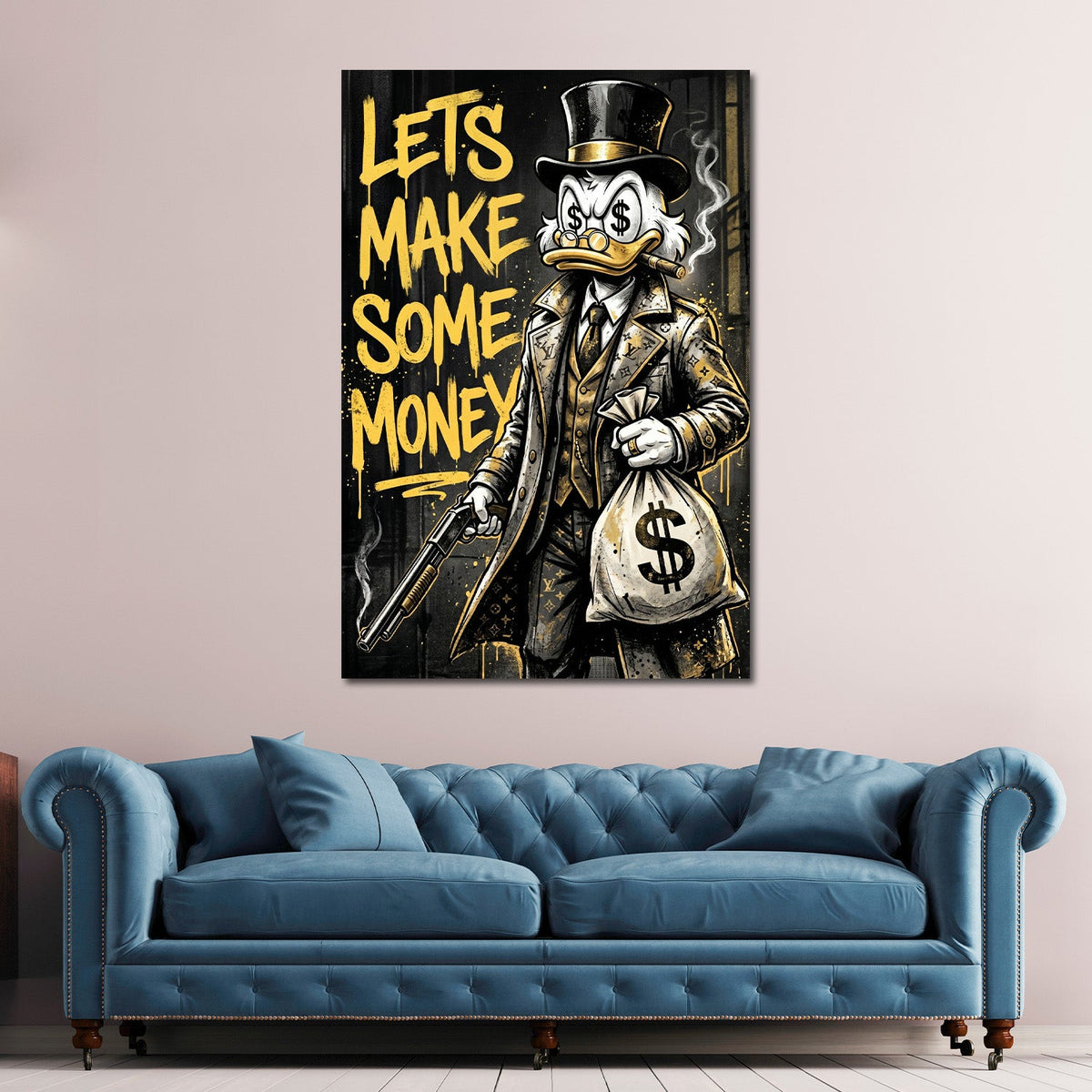 Comic Pop Art Wandbild mit Dagobert über einem Sofa im Wohnraum