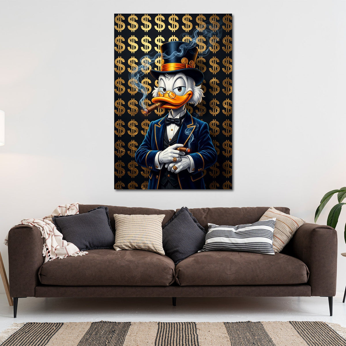Comic Pop Art Wandbild mit Dagobert über einem Sofa im Wohnraum