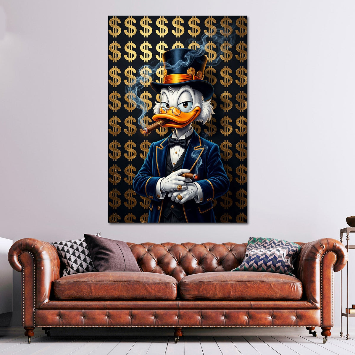 Dagobert Pop Art Wandbild im Hochformat an einer Wohnraumwand