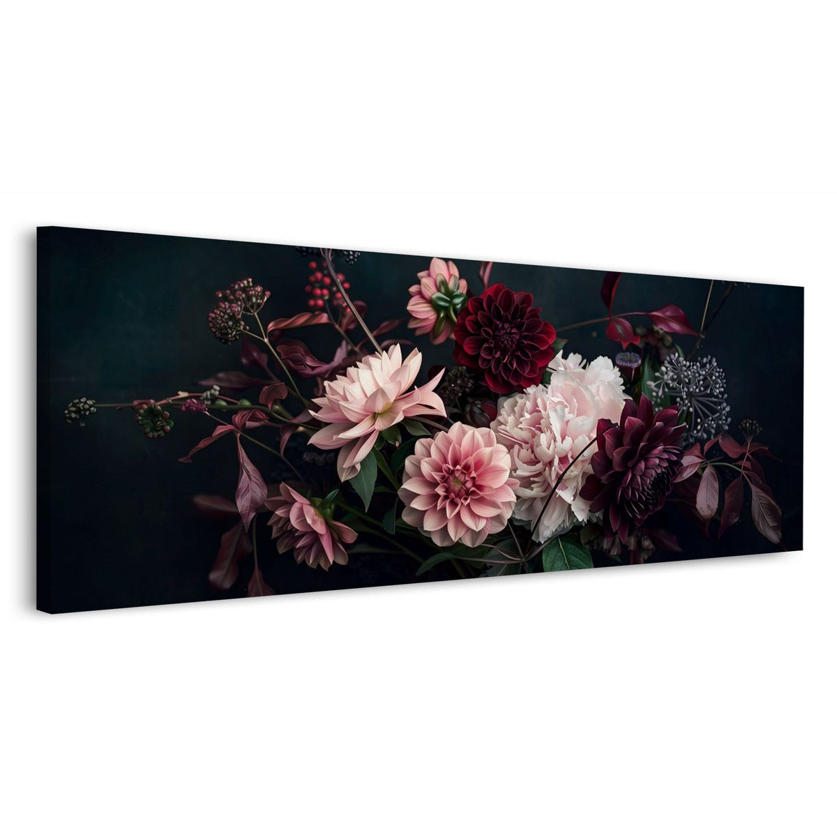 Dahlien in Rosa und Weinrot auf Schwarz Panorama Wandbild