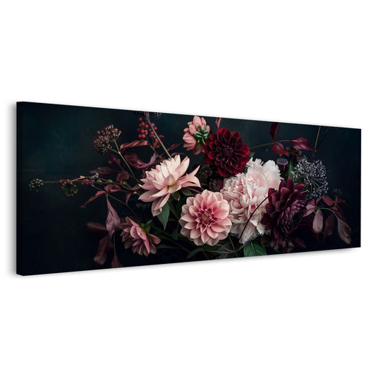 Dahlien in Rosa und Weinrot auf Schwarz Panorama Wandbild