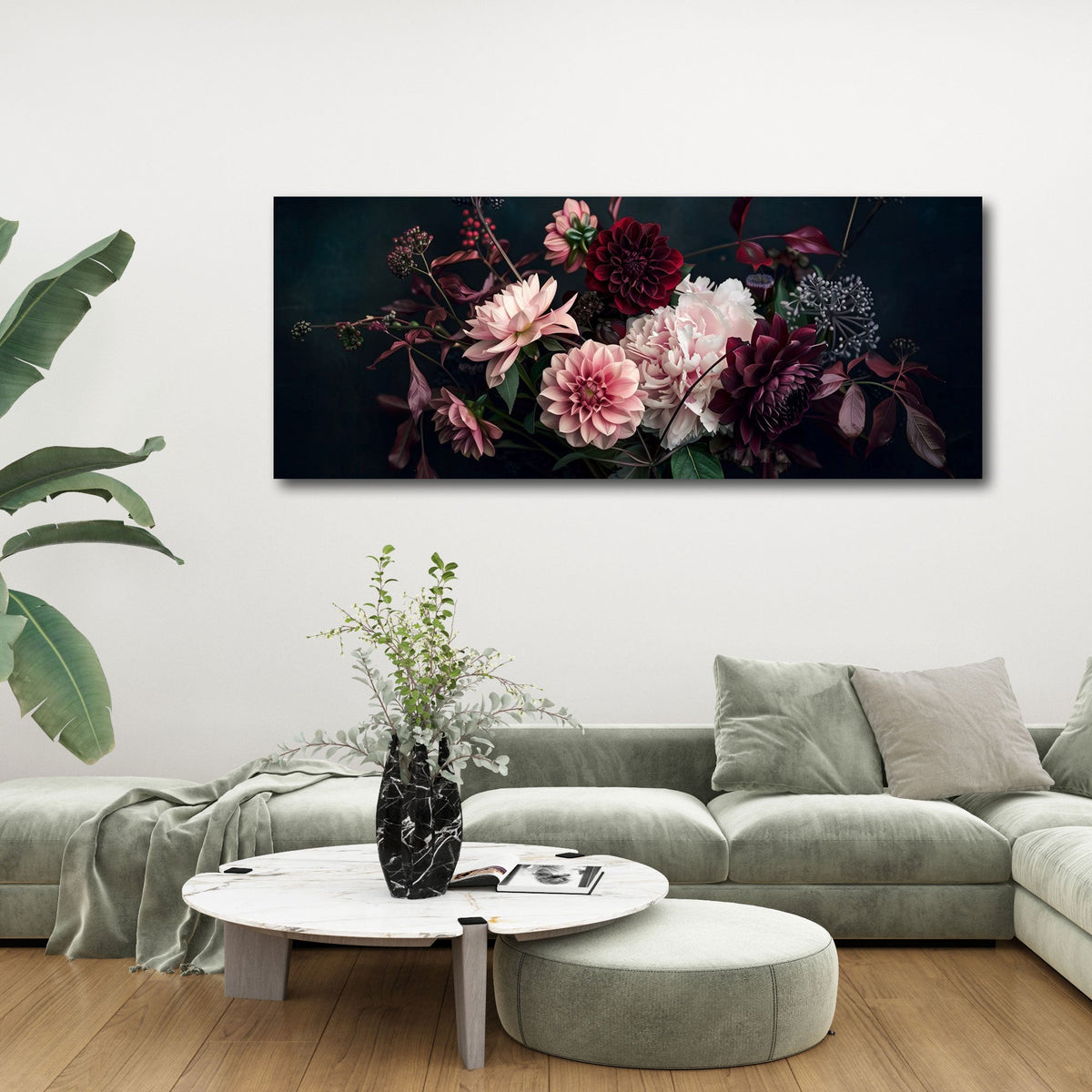 Dahlien in Rosa und Weinrot auf Schwarz Panorama Wandbild