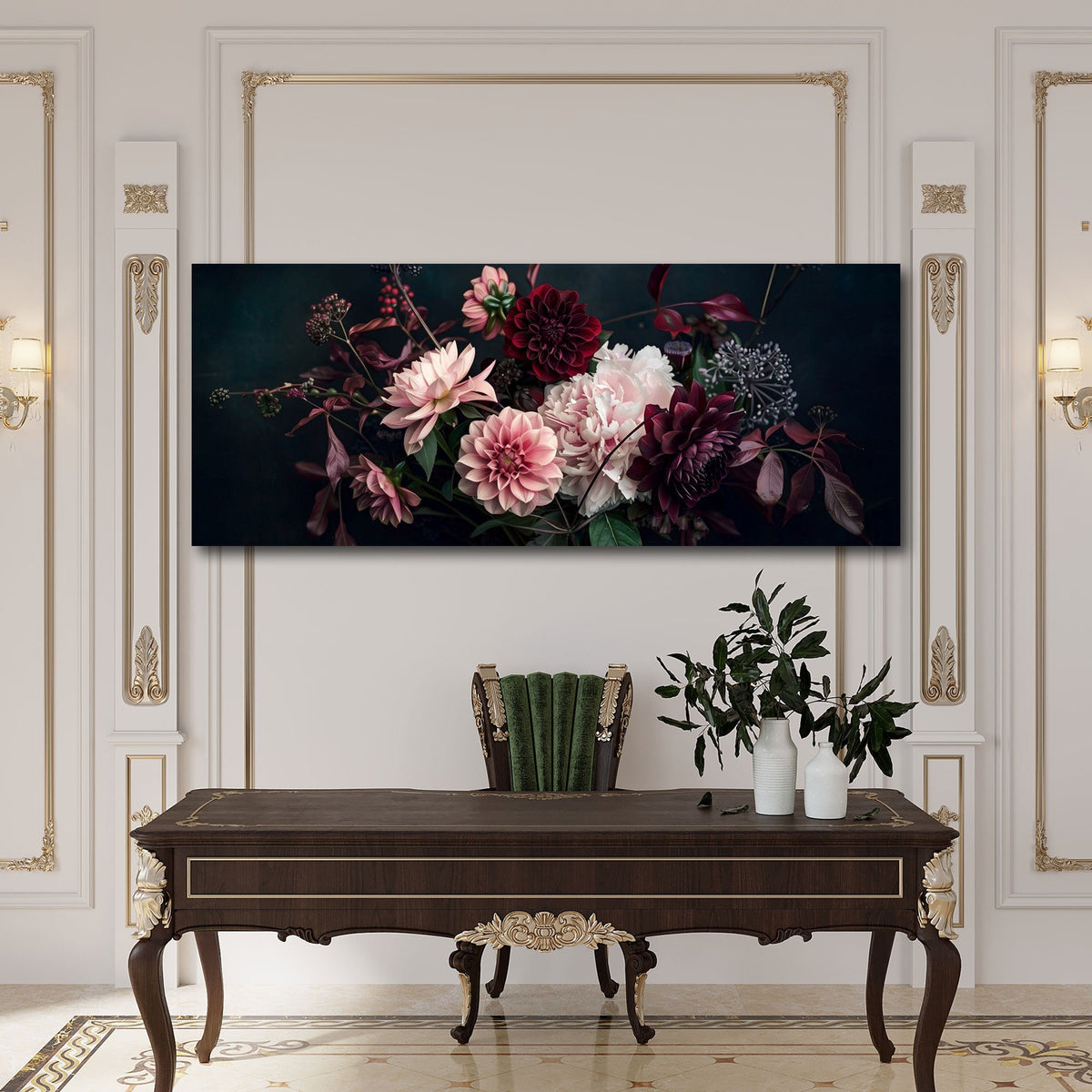 Dahlien in Rosa und Weinrot auf Schwarz Panorama Wandbild