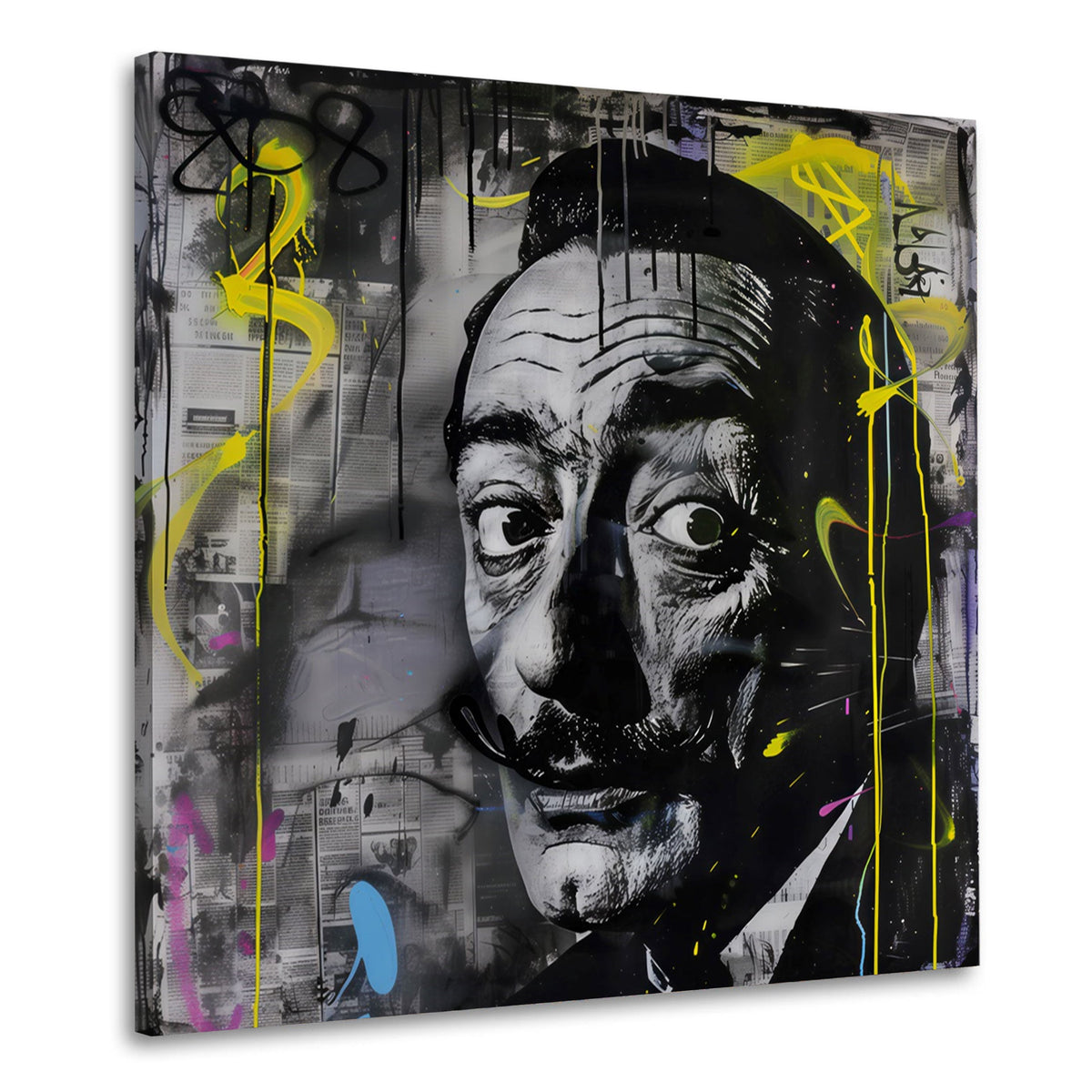 Dalí mit großen Augen in Schwarz-Weiß Street Art Wandbild