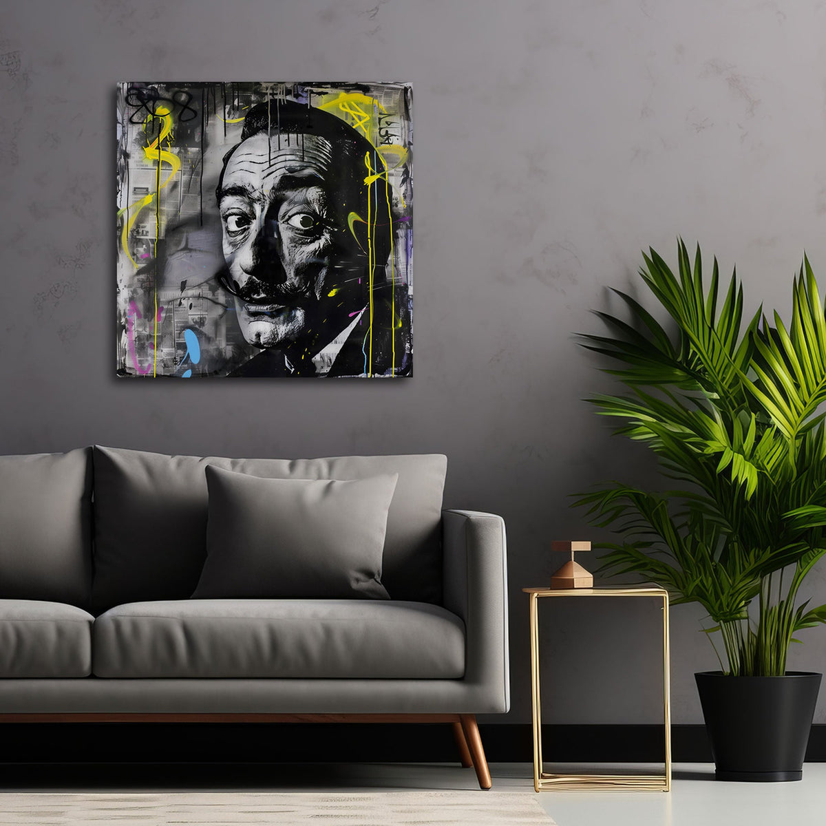 Dalí mit großen Augen in Schwarz-Weiß Street Art Wandbild