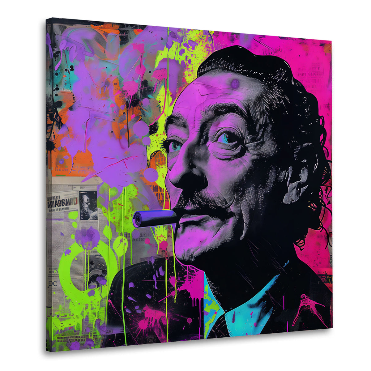 Dalí Porträt mit Schnurrbart in Neon Lila Pop Art Wandbild
