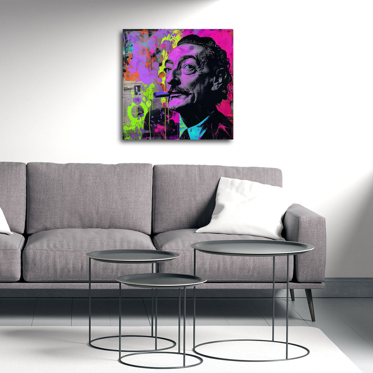 Dalí Porträt mit Schnurrbart in Neon Lila Pop Art Wandbild