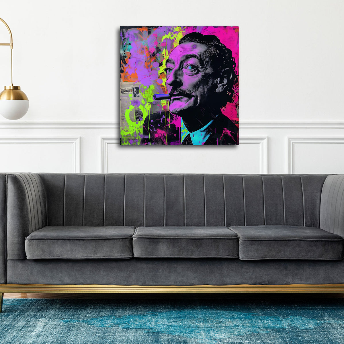 Dalí Porträt mit Schnurrbart in Neon Lila Pop Art Wandbild