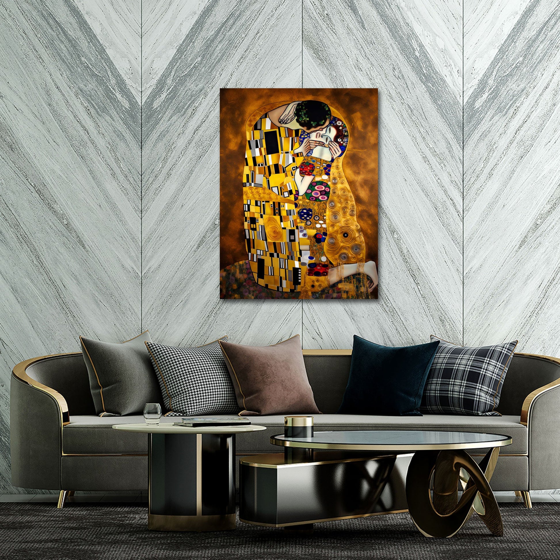 Der Kuss in goldener Ornamentkunst voller Liebe Wandbild