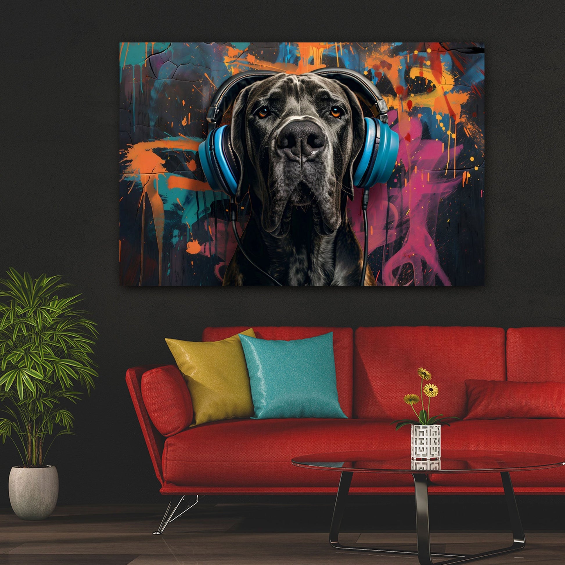 Deutsche Dogge Graffiti Wandbild im Raum