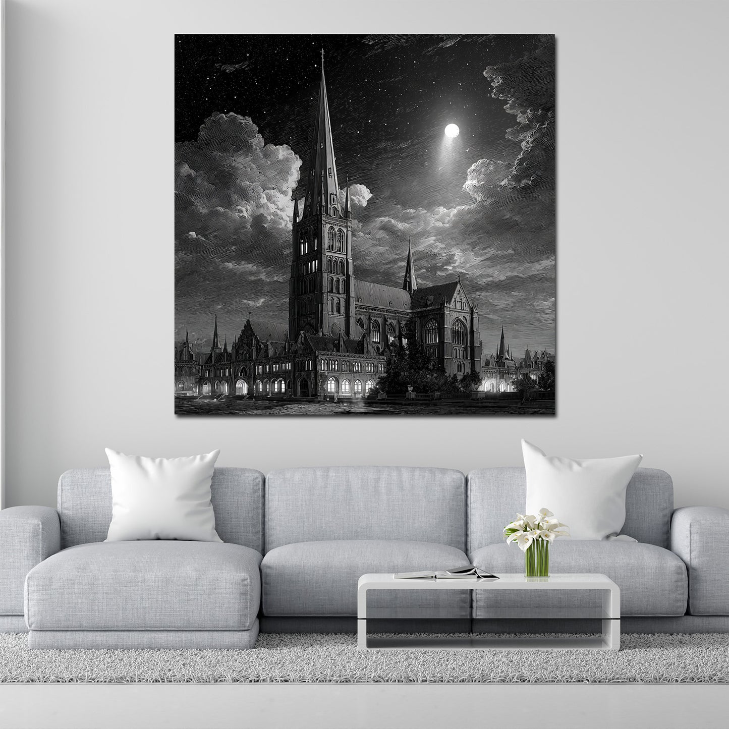Dom Schwerin schwarz weiß Vollmond Gotik Wandbild