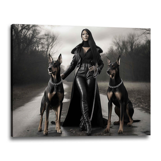 Dominante Frau Dobermänner Lederlook Wandbild