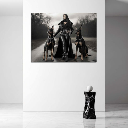 Dominante Frau Dobermänner Lederlook Wandbild