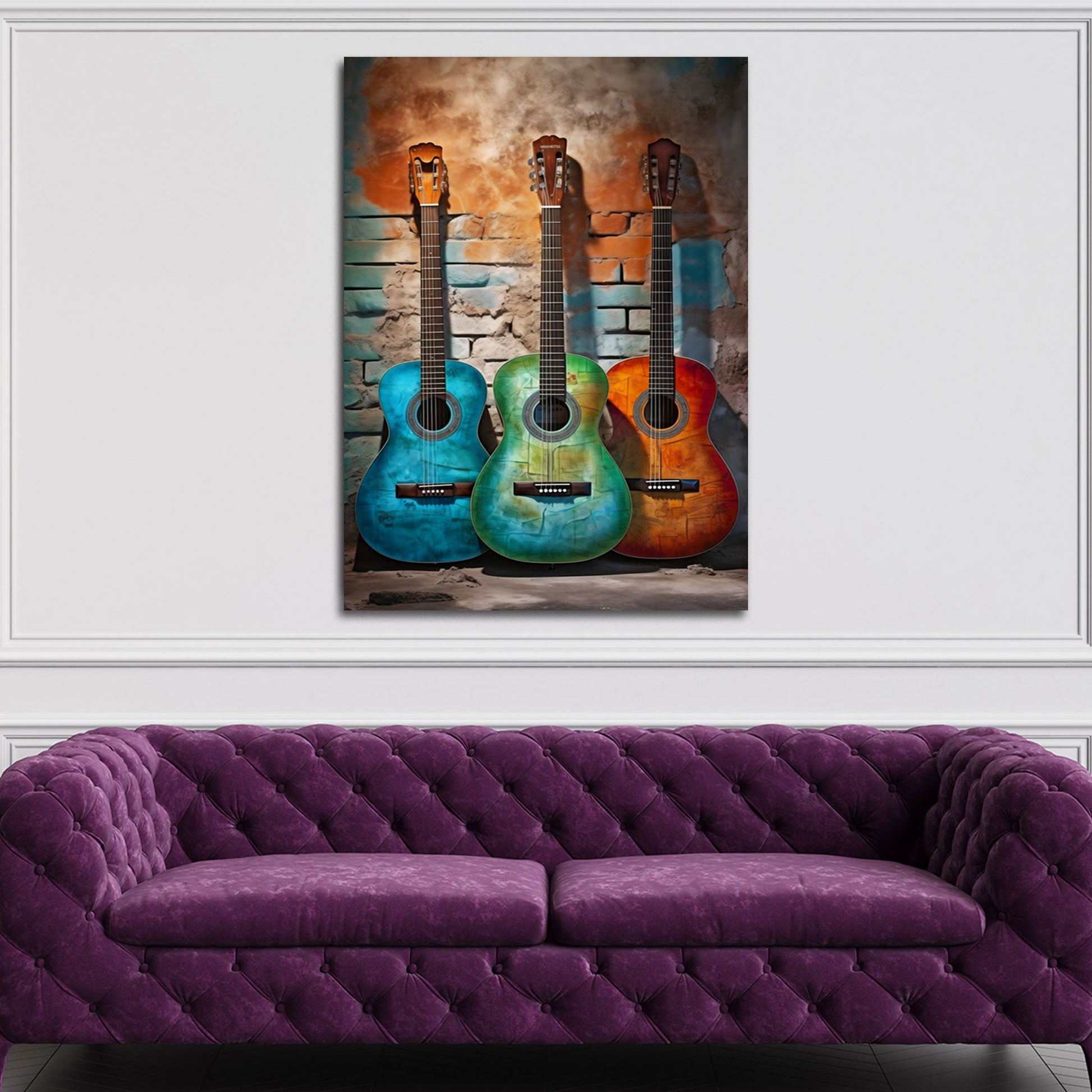 Drei bunte Gitarren an alter Backsteinwand Wandbild