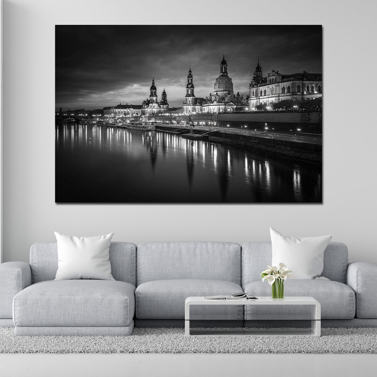 Dresdner Altstadt Elbufer Abendstimmung schwarz weiß Wandbild