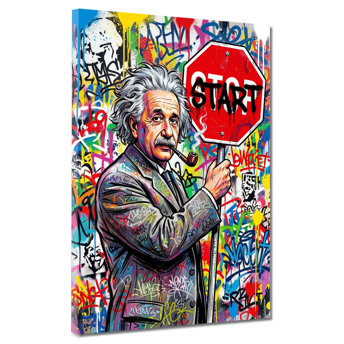Einstein mit Pfeife und Start Schild Pop Art Graffiti Wandbild
