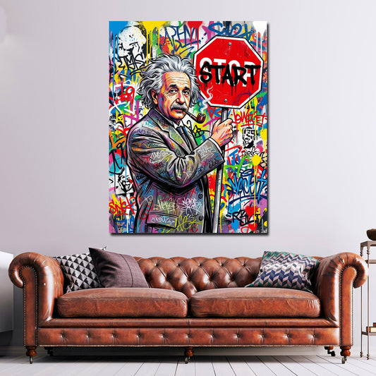 Einstein Start Schild Graffiti Wandbild im Wohnzimmer